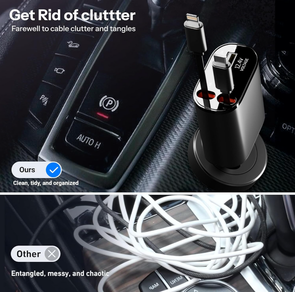 ⚡ 120W Retractable Car Charger – Charge 4 Devices at Once